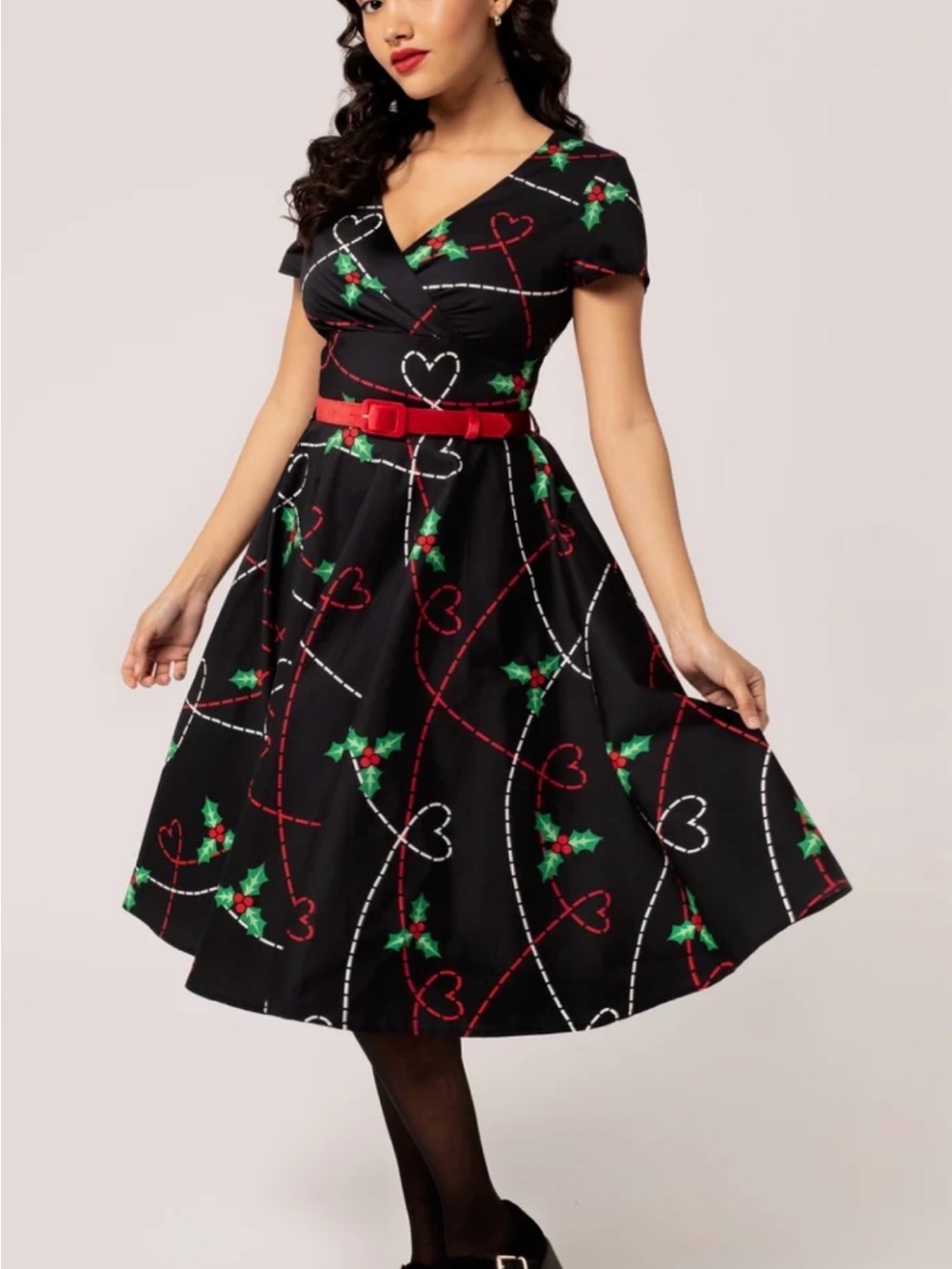 Hell Bunny Black Holiday Heart-Print Midi Dress with Red Belt